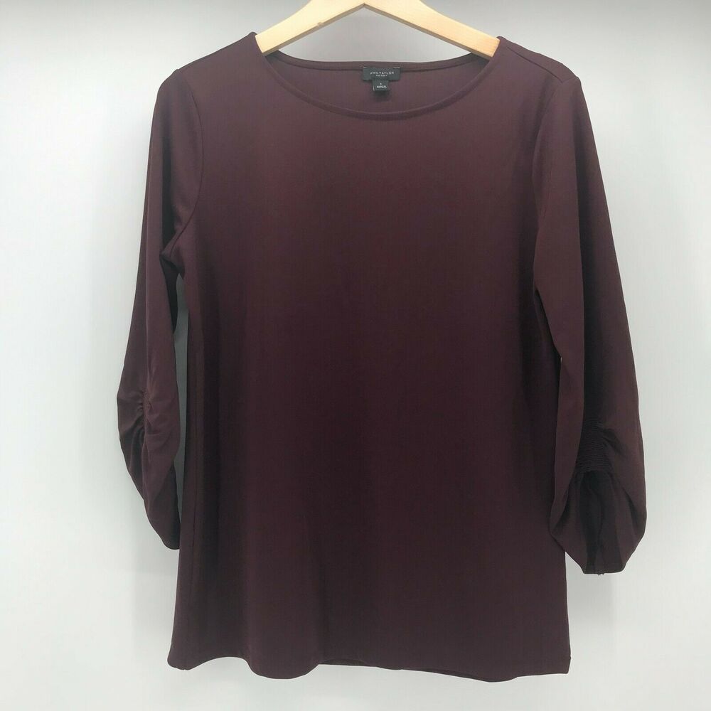 Ann Taylor Factory Top Womens Small Red Maroon Crew Neck 3/4 Ruched Sleeve